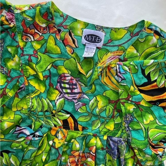 Meant To Be Vintage Green Tropical Fish Dress M 100% Cotton Puff Sleeve Boho - Picture 1 of 7